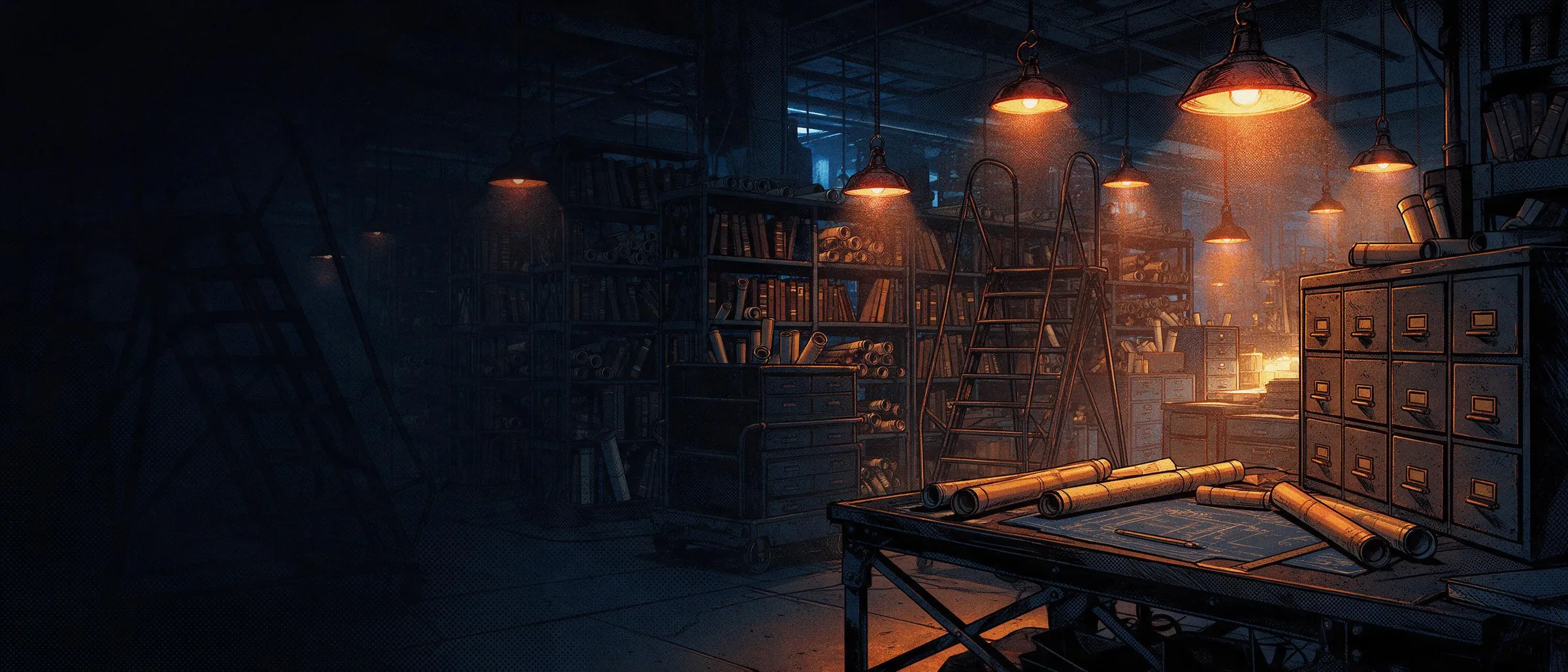 Technisches Archiv bei Nacht: Regale mit gebundenen Handbüchern, Planrollen und ein Zeichentisch