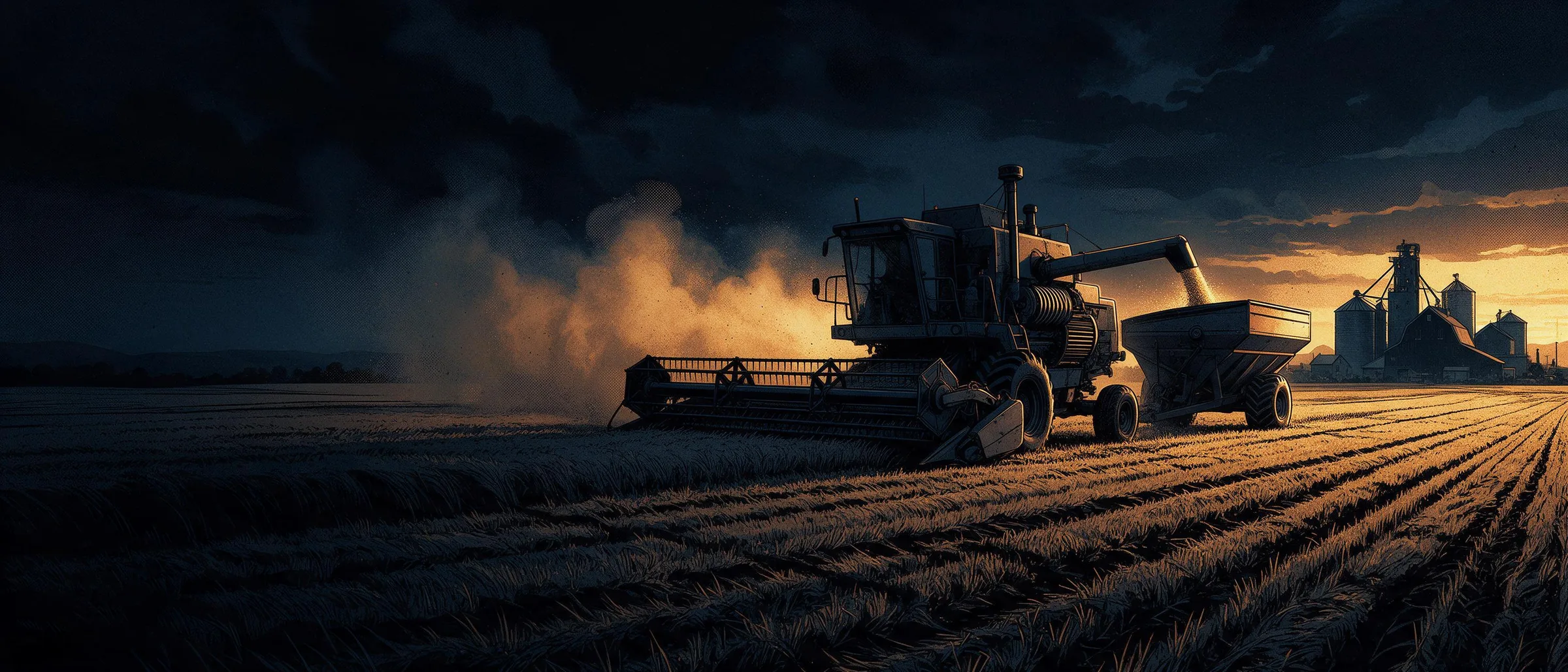 A combine harvester unloading grain into a trailer at sunset, with dust in the air and silos on the horizon