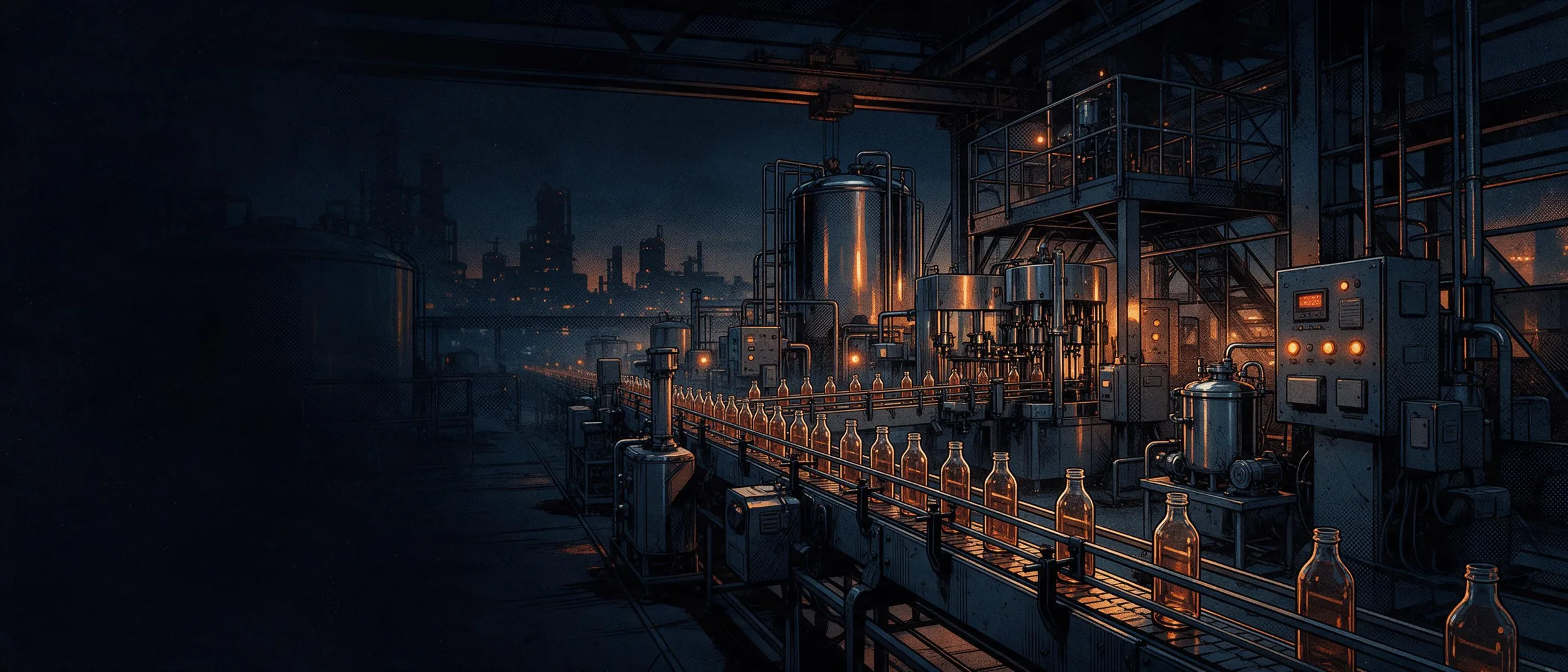 Línea de llenado de botellas de noche, con tanques de acero inoxidable, tableros de control encendidos y un skyline de refinería al fondo