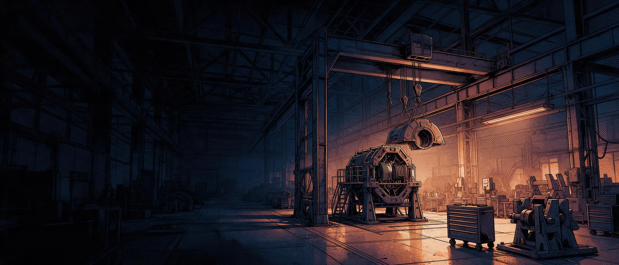 An assembly hall at night, with a large rotor hanging from the overhead crane above its stand and a tool cabinet in the foreground