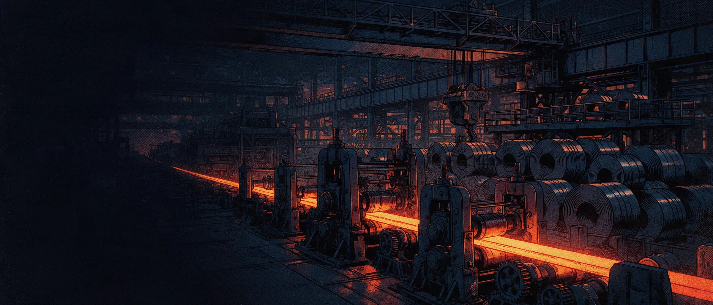 A rolling mill at night, with a red-hot steel bar running through the stands and coils stacked alongside under an overhead crane