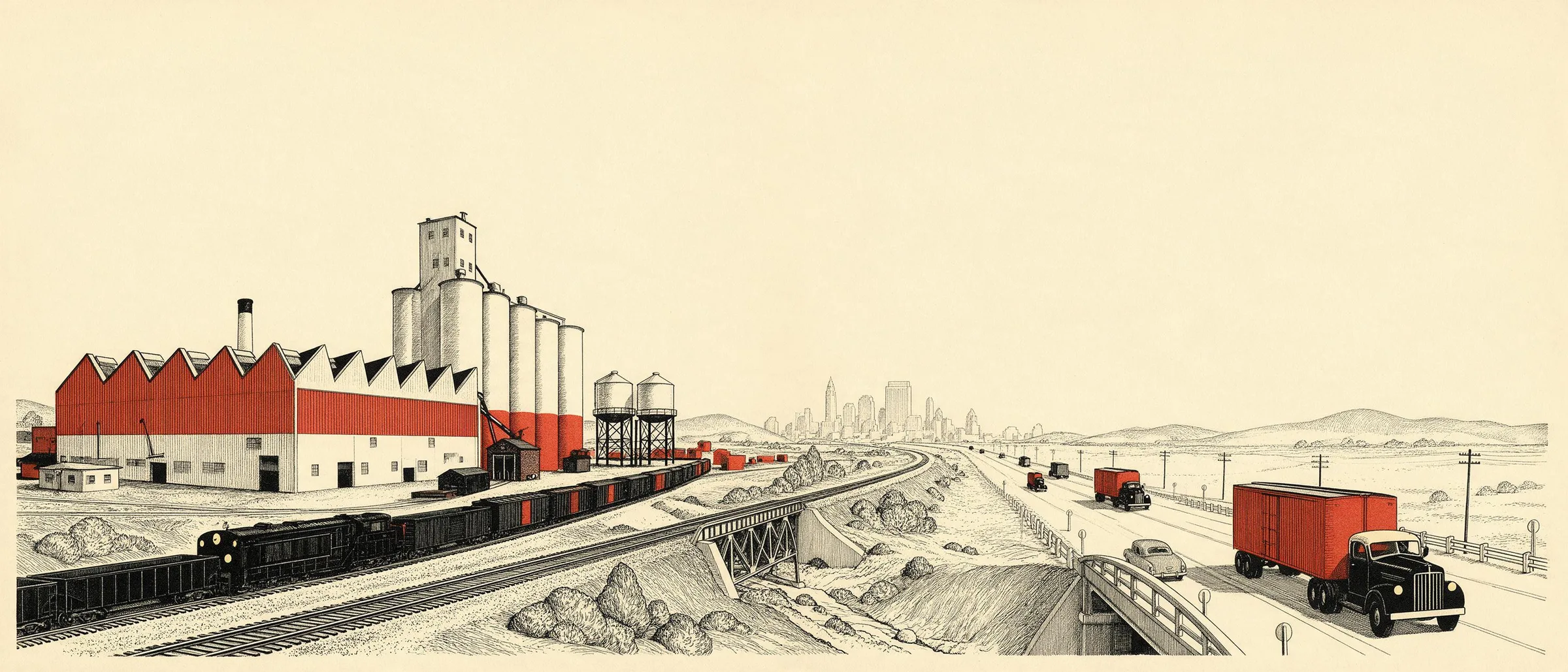 A line engraving of a logistics corridor: a red industrial hall with grain silos, a freight train, a highway with trucks and a city skyline on the horizon
