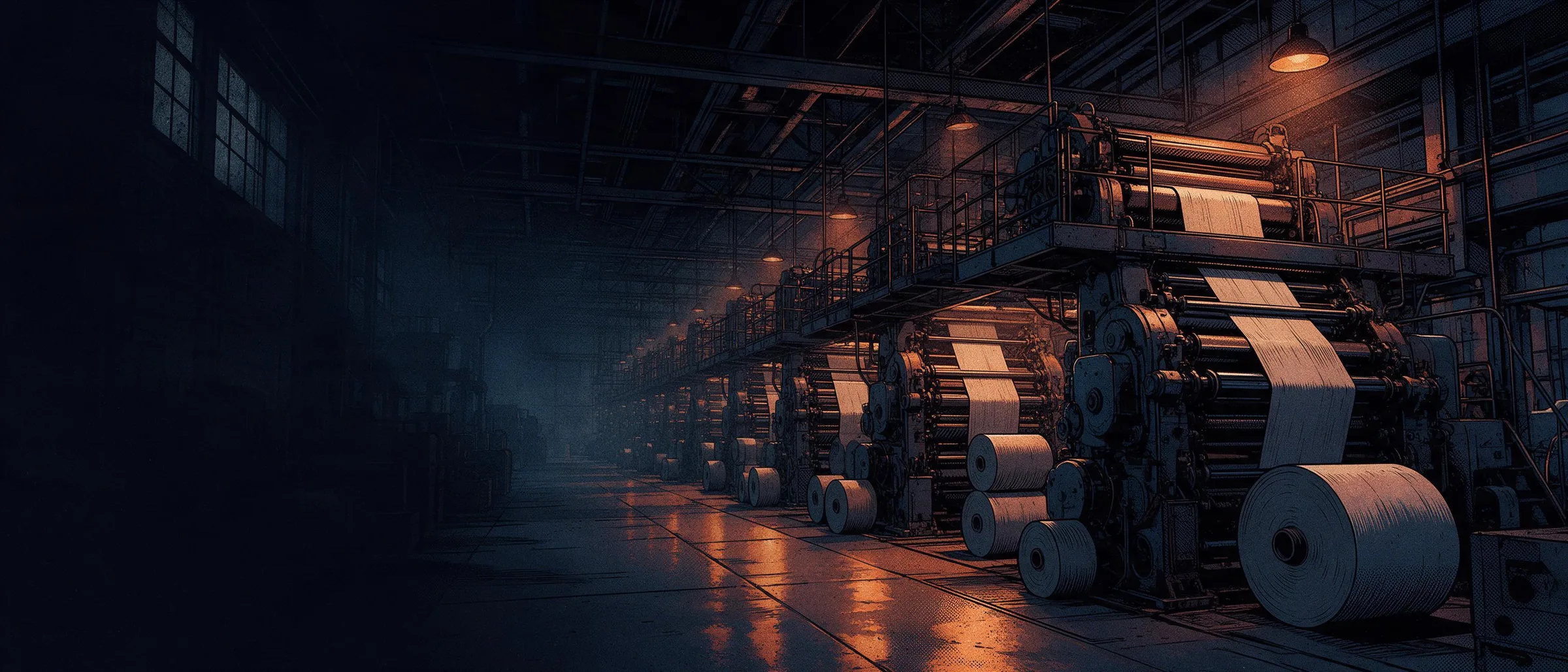 A press hall at night, with printing presses in a row and paper reels on the floor