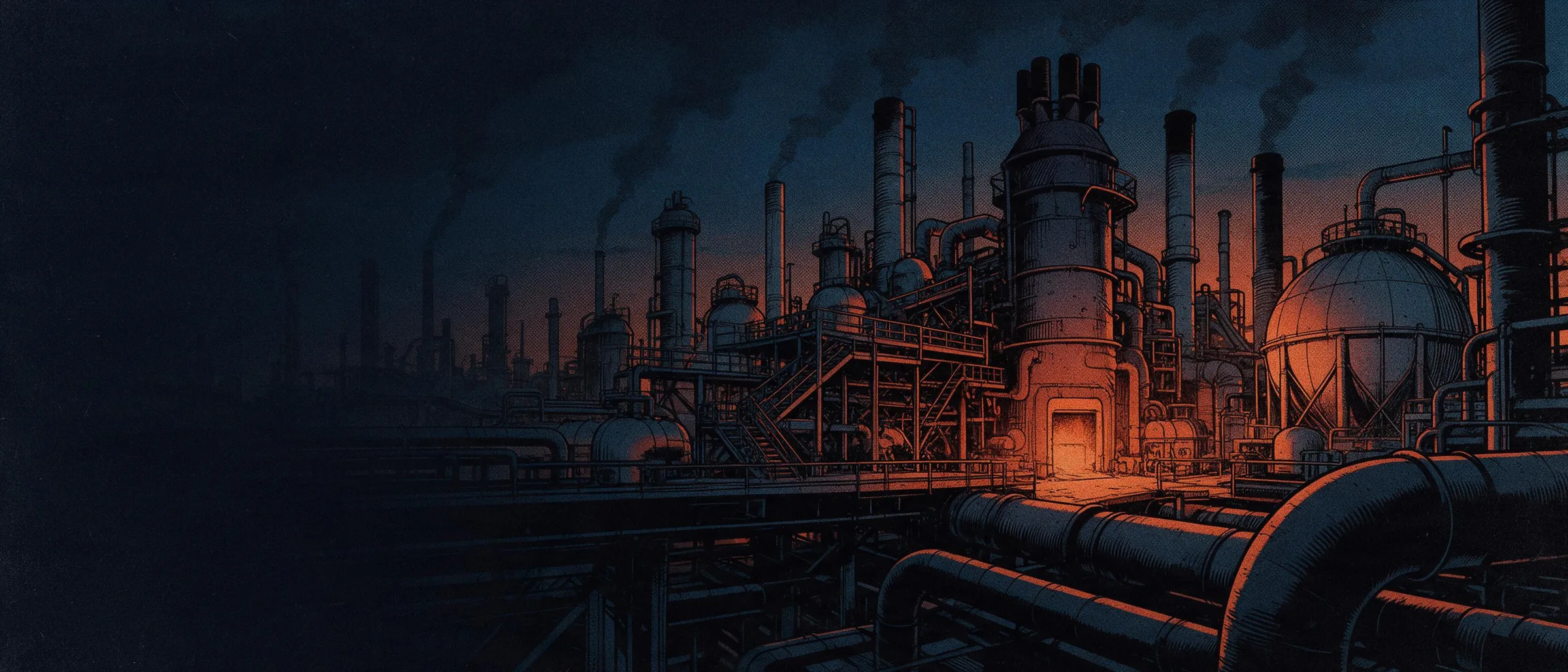Industrieanlage in der Dämmerung, mit Stahlrohrleitungen, Schloten und Laufstegen