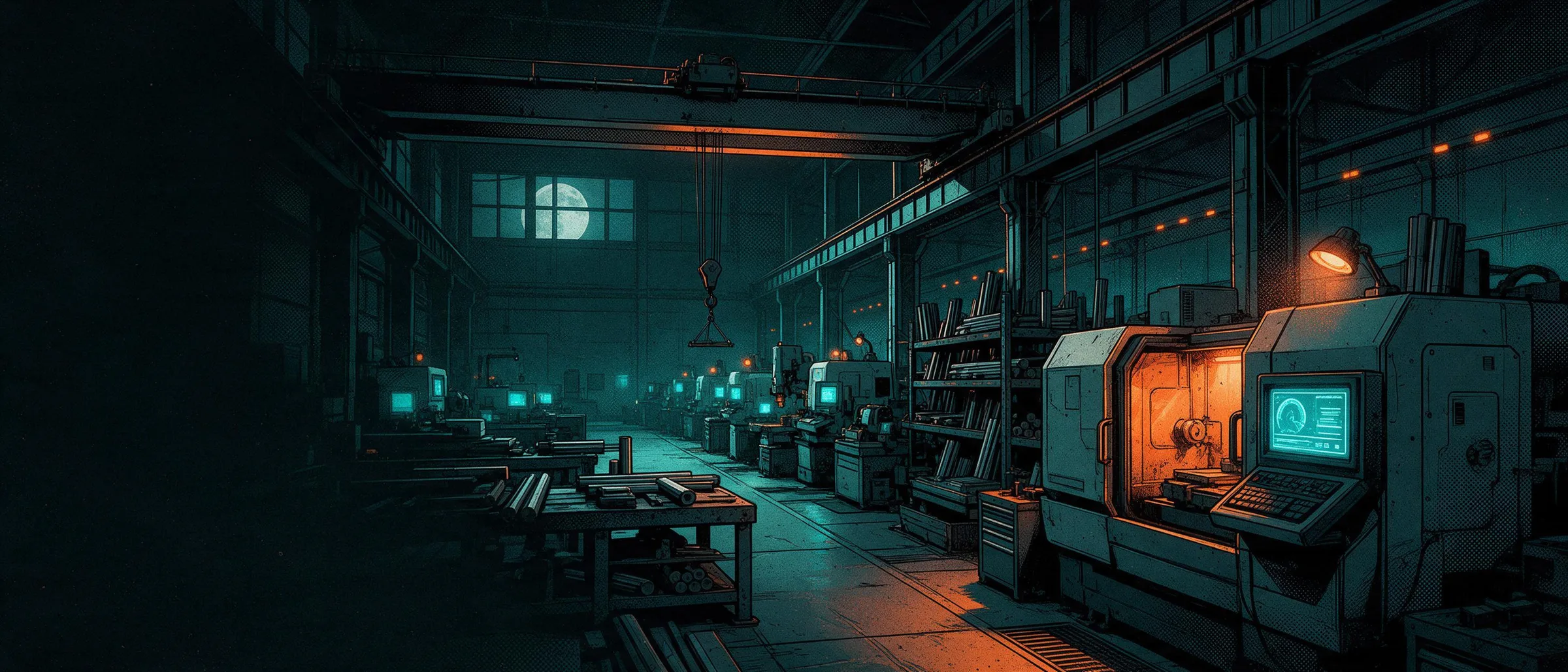 A machine shop at night, with machining centres in a row and overhead crane rails